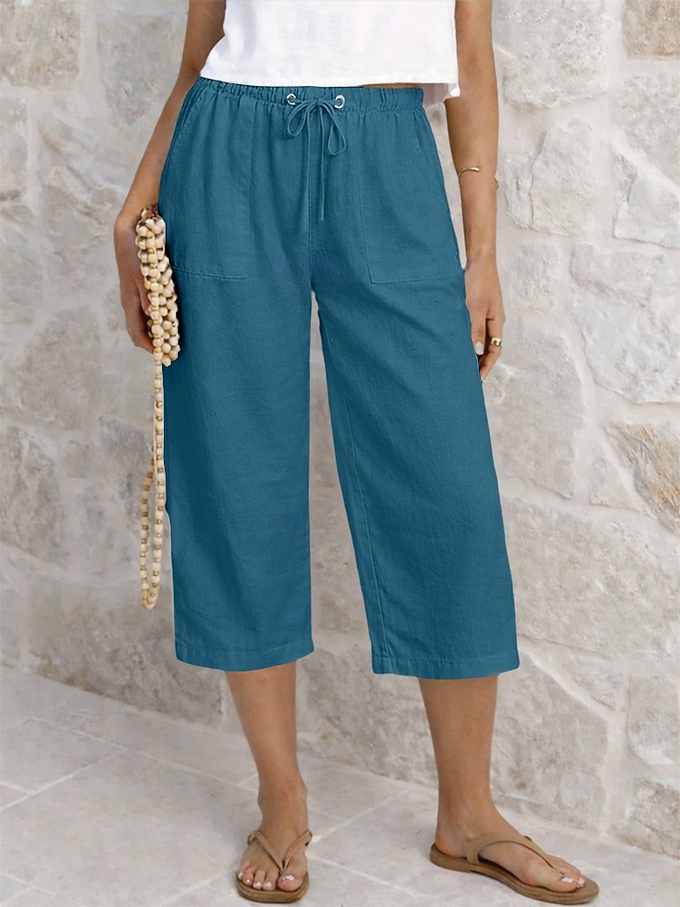 Dam Capribyxor Sommarshorts Beskurna byxor Capri byxor i linne Mode Grundläggande Vadlängd Medium Midja Slät Snörning Ficka Elastisk midja Lättvikt Andningsfunktion Oelastisk Semester Gata Dagliga 2026 - $22.99 –P7