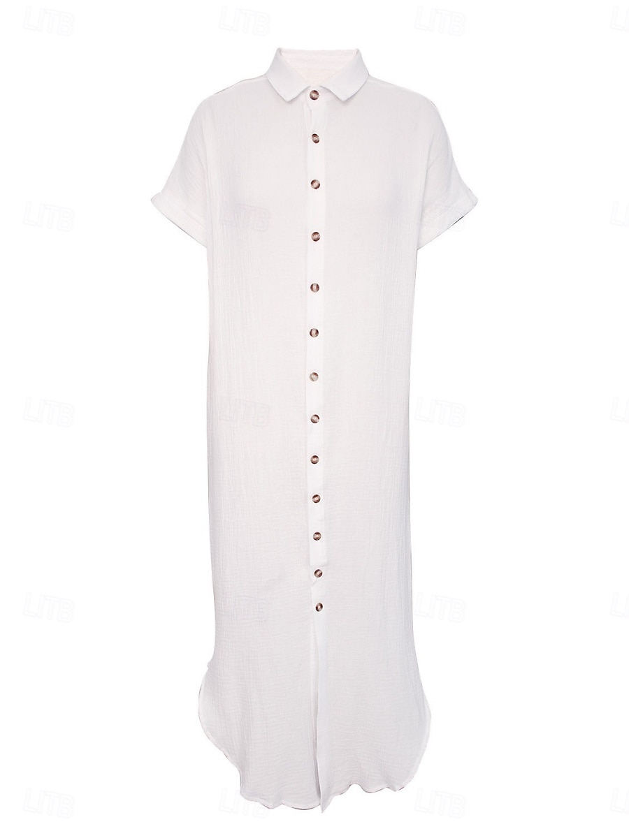 Dames Maxi-jurk Zonnejurk Witte jurk Modieus Klassiek Modern Buiten Vakantie Uitgaan Normale pasvorm Effen Korte mouw Overhemdkraag Wit Zomer Lente 2026 - $26.99 –P9