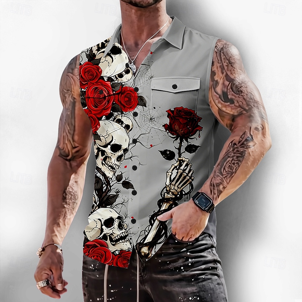 Homme Squelette Rose Crânes Chemise Chemise Boutonnée T-shirt sans manches Sans manches Style gothique sombre Extérieur Décontracté Été Printemps Col Rabattu Impression 3D Deux poches avant Noir de 2026 ? $25.99 –P3
