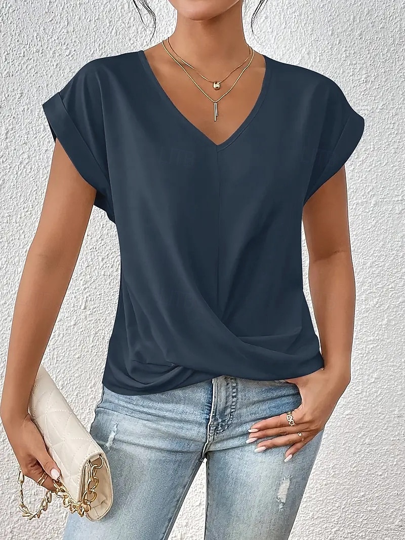 Per donna Maglietta Arricciato Semplice Moda Elegante Classico Manica Corta Scollo a V Top Regolari Quotidiano Uscire Weekend Blu Nero Bianco Vino Rosso Estate Primavera del 2026 a $19.99 –P11