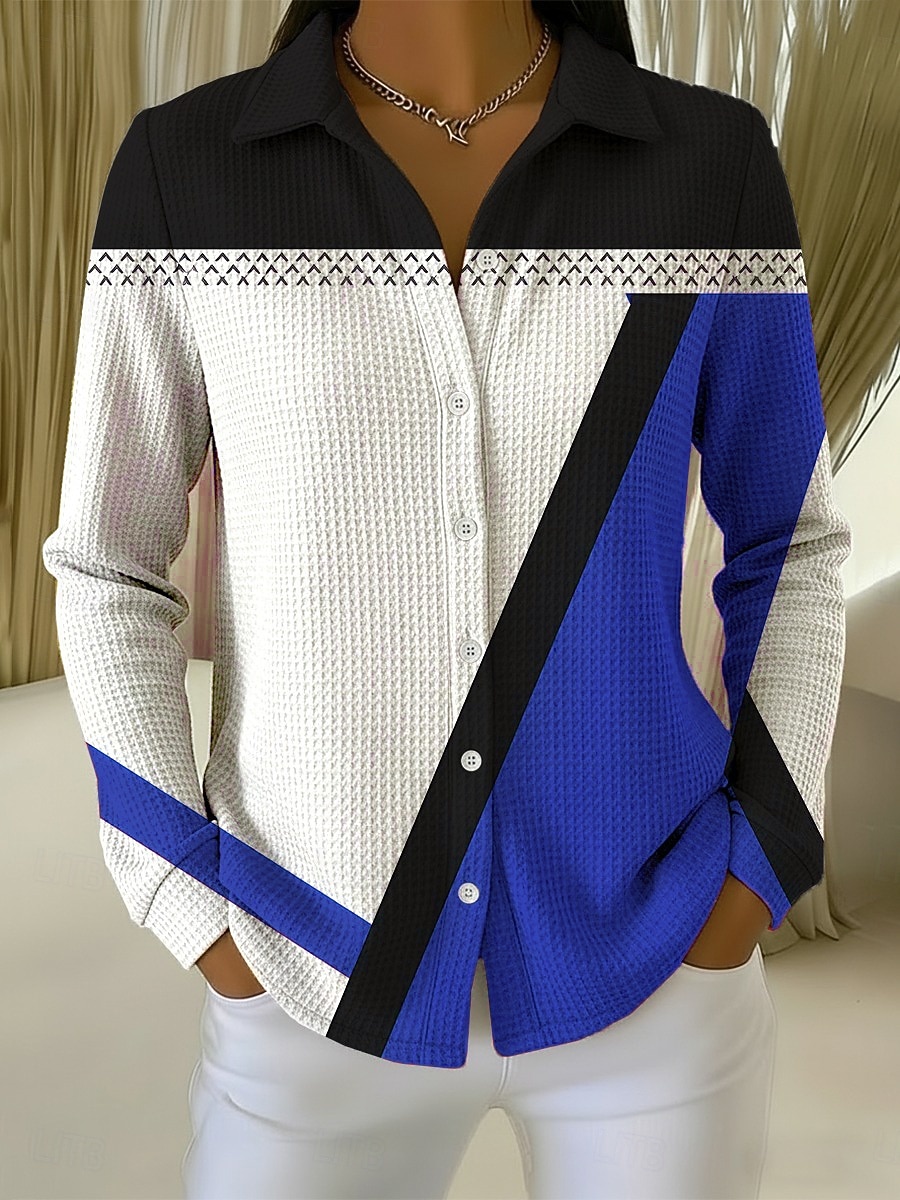 Women's Waffle Shirt Blouse Buttons Print Geometric Vacation Daily Stylish Long Sleeve Shirt Collar Regular Tops Daily Outdoor Holiday Blue White Purple Orange Green Summer Spring Fall 2026 - $24.99 –P8