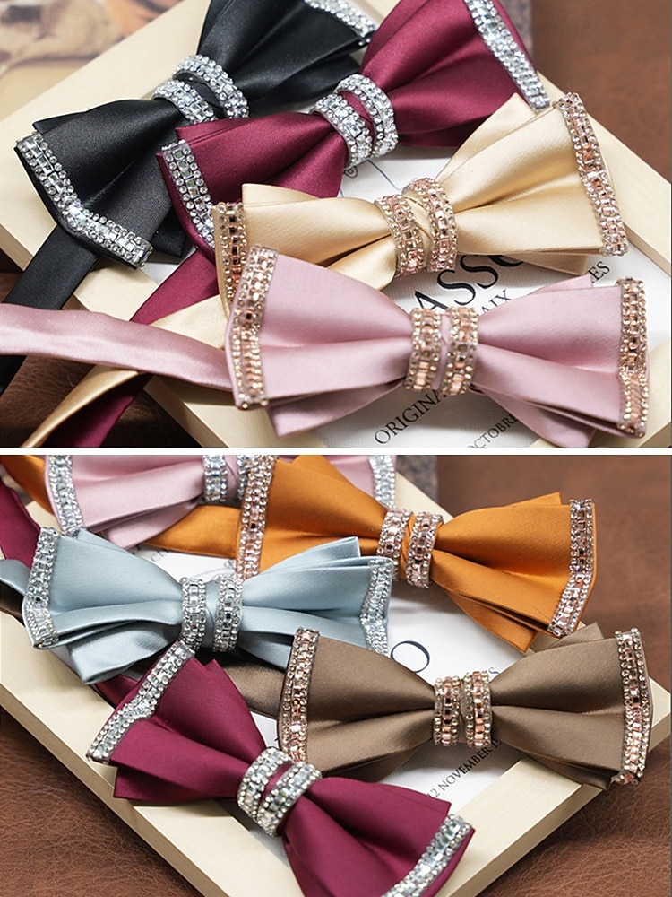 פפיון פוליאסטר לגברים - אפשרויות צבעוניות, עיטורי אבני חן, גודל מתכוונן, מושלם לחתונות ומסיבות 2026 - $14.99 –P6