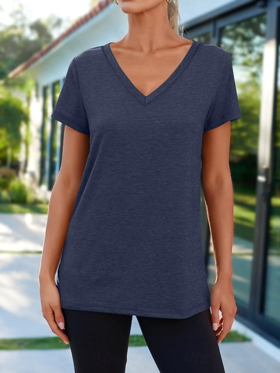Per donna Maglietta Semplice Moda Elegante Classico Manica Corta Scollo a V Top Regolari Quotidiano Uscire Weekend Bianco Rosa Vino Blu marino Albicocca Estate Primavera del 2026 a $19.99 –P15
