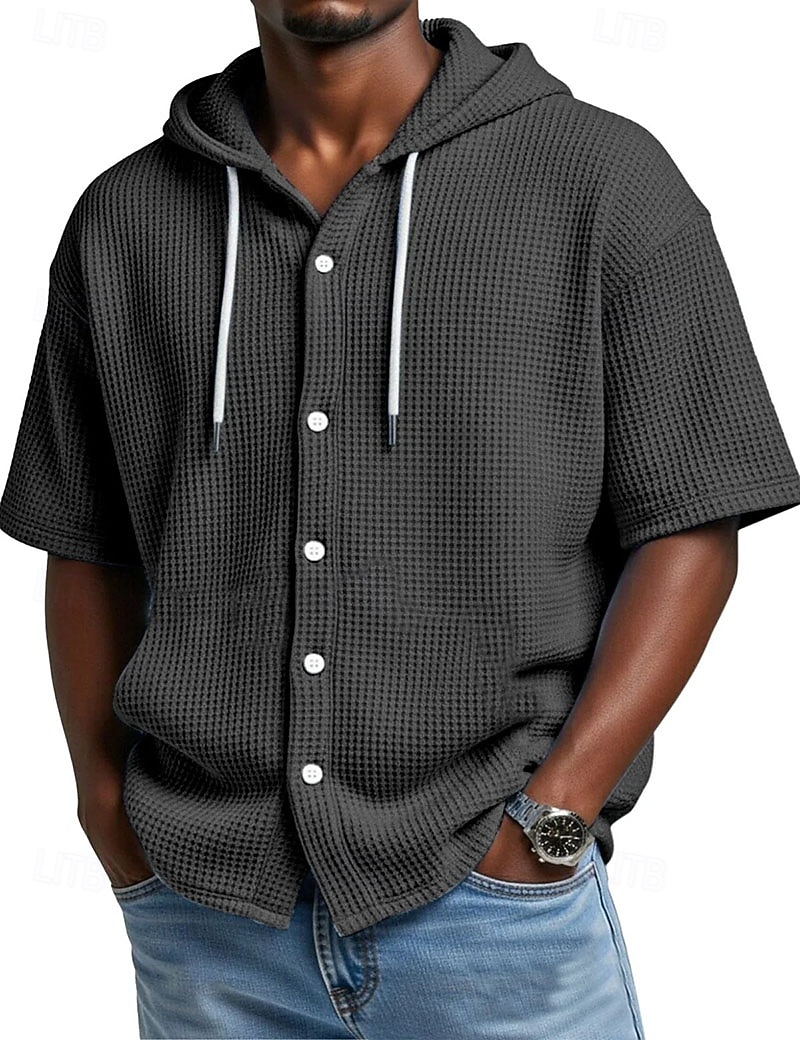 Voor heren Overhemd Wafel Shirt Normaal shirt Overhemd met knopen Wit Korte mouw Effen Kleur Effen Capuchon Casual Dagelijks Lapwerk Kleding Vakantie Modieus Casual 2026 - $30.99 –P3