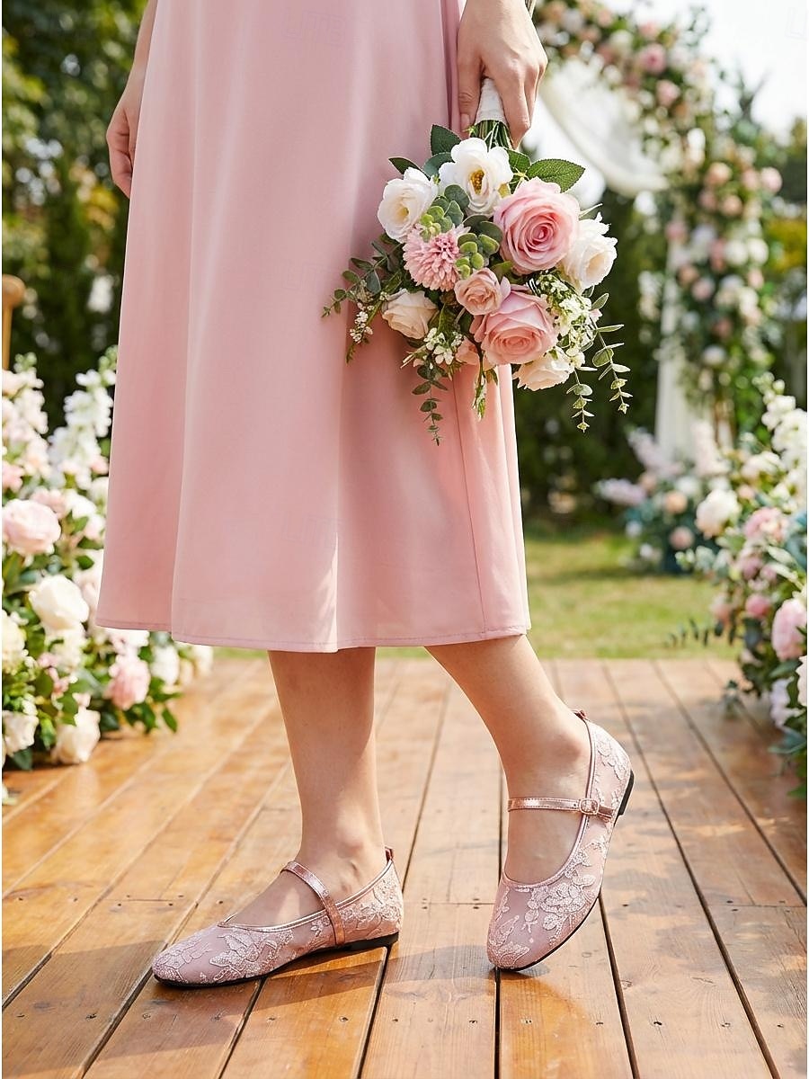 Γυναικεία ροζ δαντελένια φλατ παπούτσια - άνετα παπούτσια για παράνυμφους για γάμους στον κήπο 2026 - $32.99 –P1