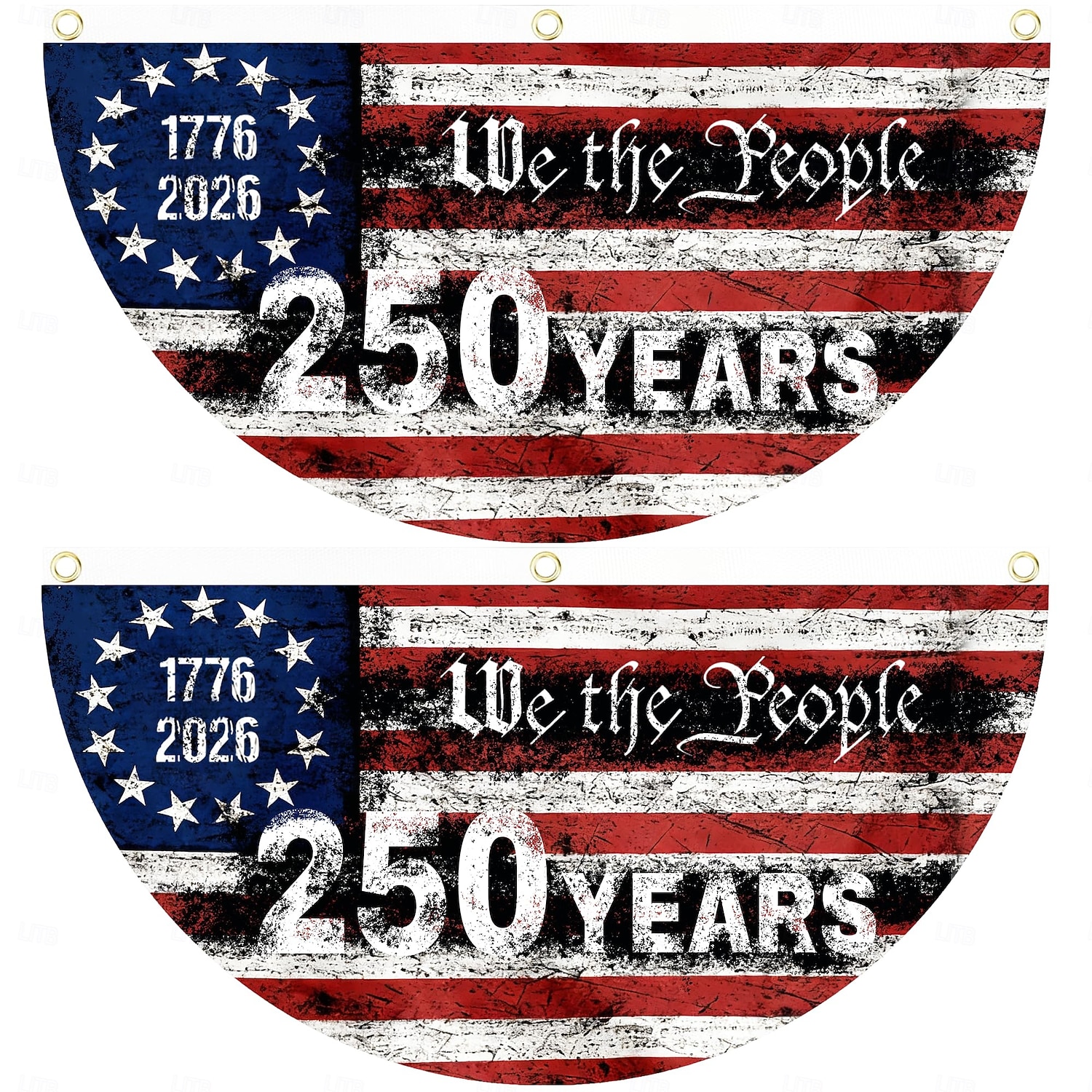 Lot de 2 drapeaux commémoratifs du 250e anniversaire des États-Unis, 45 x 90 cm (1776-2026), guirlande de fanions, décorations patriotiques à suspendre pour l'extérieur, porte d'entrée, porche, fond de 2026 ? $17.99 –P2