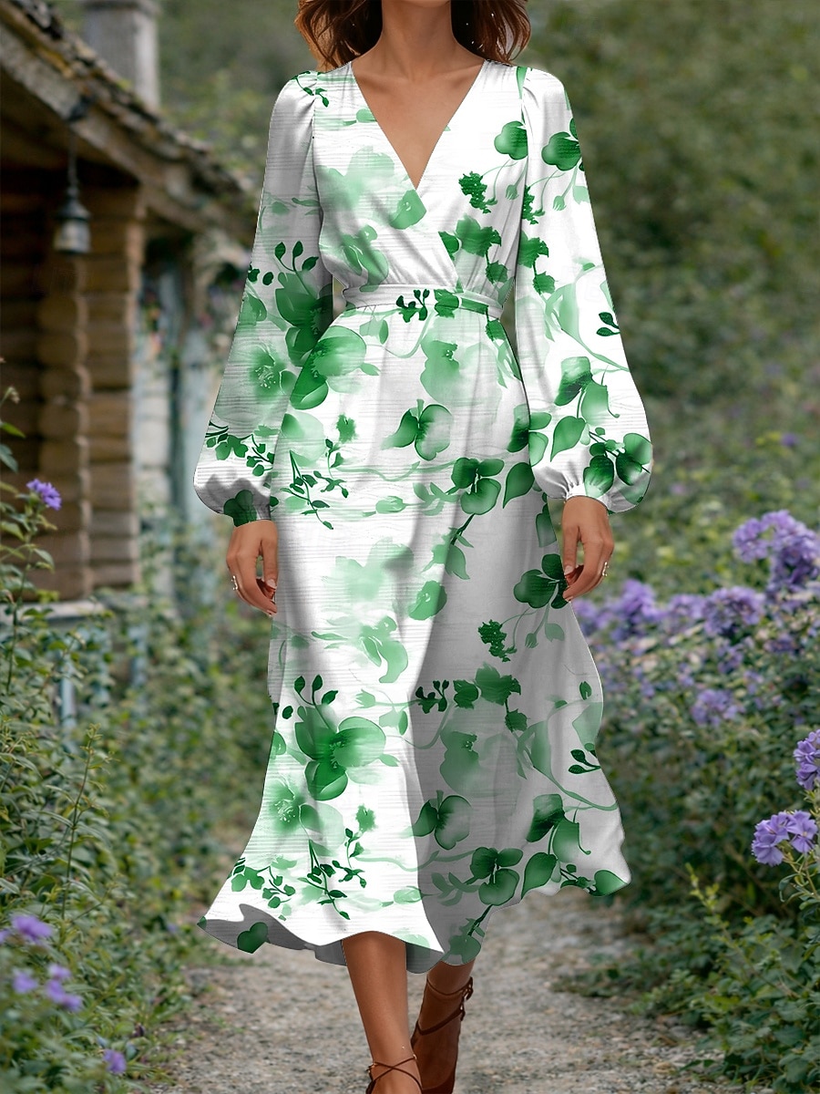 fit and flare dress spring Lands End Fit & Flare Dress XL (18) Green White Print Cotton Jersey Ruched Midi