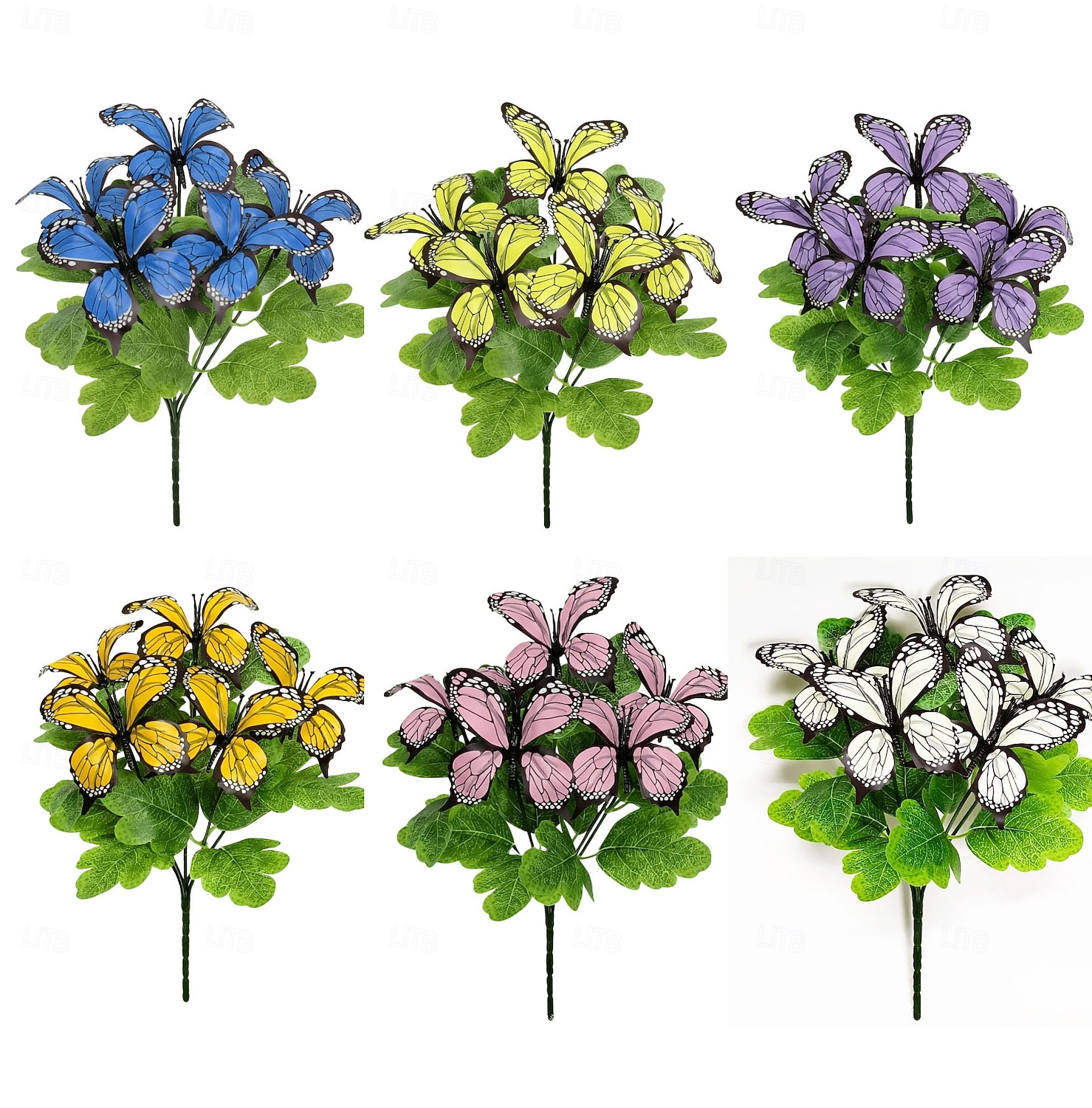 6 svazků motýlích květin s různými barvami, venkovní simulace plastových dekorativních květin, limitovaná edice motýlích kyticí pro domov, hotel, kancelář, svatbu, večírek, zahradu, verandu, chatu, 2026 - $16.99 –P8