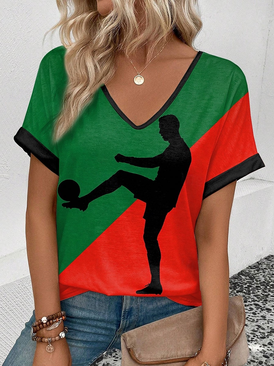 Maglietta da Donna World Soccer Match 2026 Stampa Grafica Blocco di Colore Vintage Elegante Classica Maniche Corte Collo a V Regular Top Giornalieri Weekend Vacanza Nero Rosso Verde Estate Primavera del 2026 a $21.99 –P3