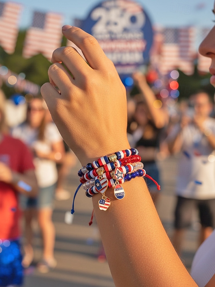 Набор женских браслетов из разных материалов, различные стили, подвески с патриотическим флагом США, регулируемые ремешки, идеально подходит для празднования 250-летия США, Дня независимости и повседневной носки. 2026 - $11.99 –P1