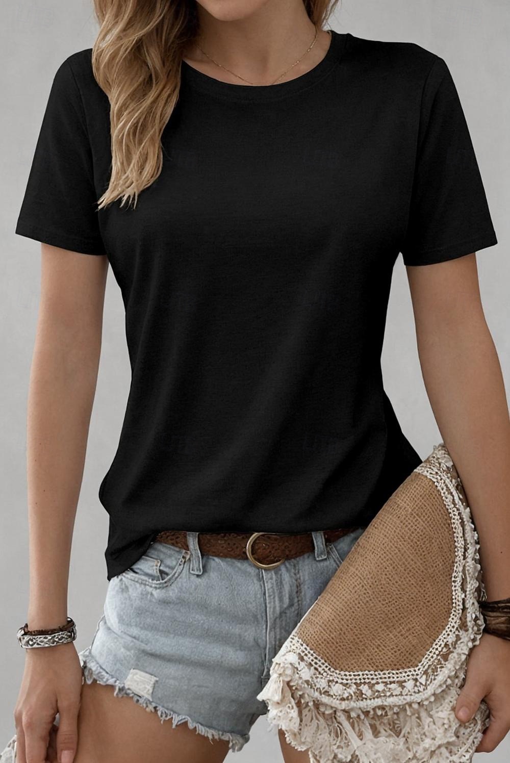 2026年 女性用100%コットンTシャツソリッドカラークラシックカジュアル半袖クルーネックレギュラーTシャツデイリー外出用明るいオレンジティールブラックホワイトピンク夏春  コレクション – $26.99 –P12