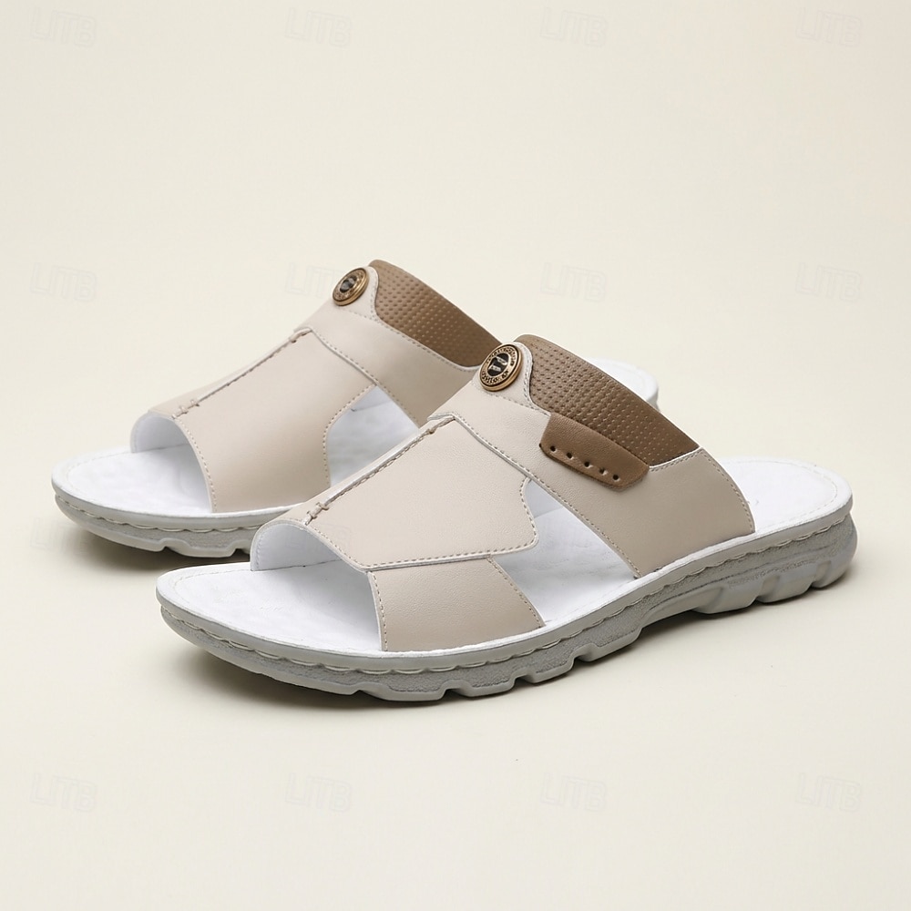 Sandalias planas de hombre en color beige y blanco con aberturas, puntera abierta, estilo casual, cómodas, ideales para el verano, vacaciones en la playa, resorts, viajes, uso doméstico, actividades al aire libre y un estilo relajado para climas cálidos. 2026 - $42.99 –P4