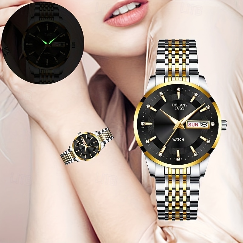 Luxe dameshorloge, tweekleurige goud-zilveren roestvrijstalen band, lichtgevende wijzers met datum- en dagweergave, elegante zwarte wijzerplaat met diamanten accenten, een stijlvol polshorloge voor 2026 - $22.99 –P1