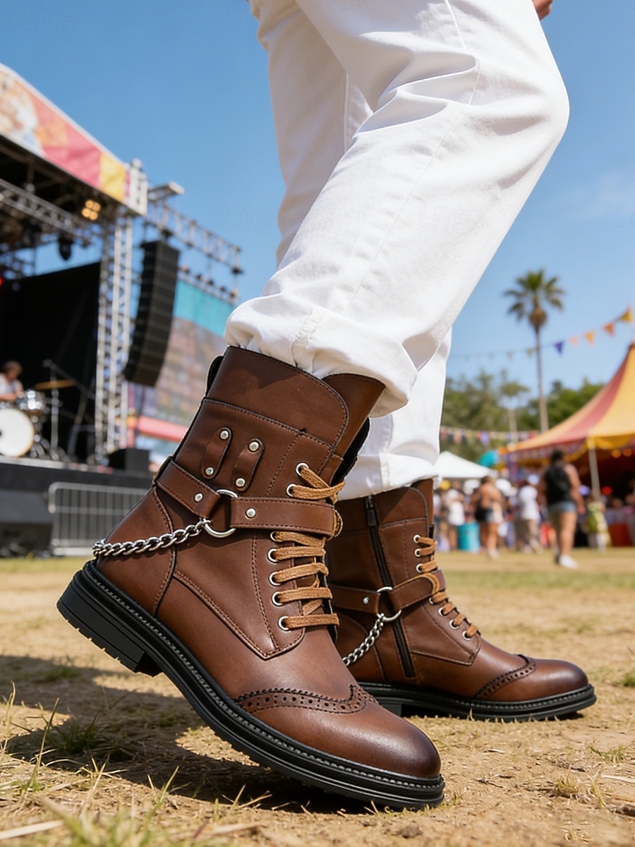 Botas de combate marrones para hombre con cordones, cremallera lateral y detalle de cadena. Botines para festivales de música, conciertos, eventos al aire libre, estilo urbano, fiestas y un estilo robusto y llamativo. 2026 - $64.99 –P2