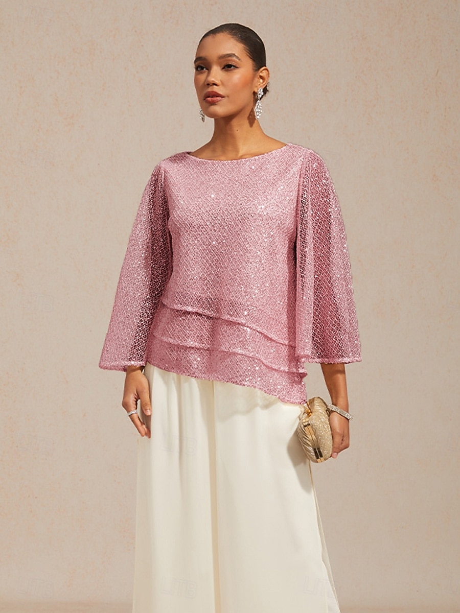Damen Bluse Spitzentops Durchsichtige Ärmel Einfarbig Elegant Stilvoll Basic Dreiviertelarm Glockenärmel Rundhalsausschnitt Lange Oberteile Täglich Hochzeitsgast Urlaubskleidung Pudriges Rosa Sommer 2026 - $76.99 –P3