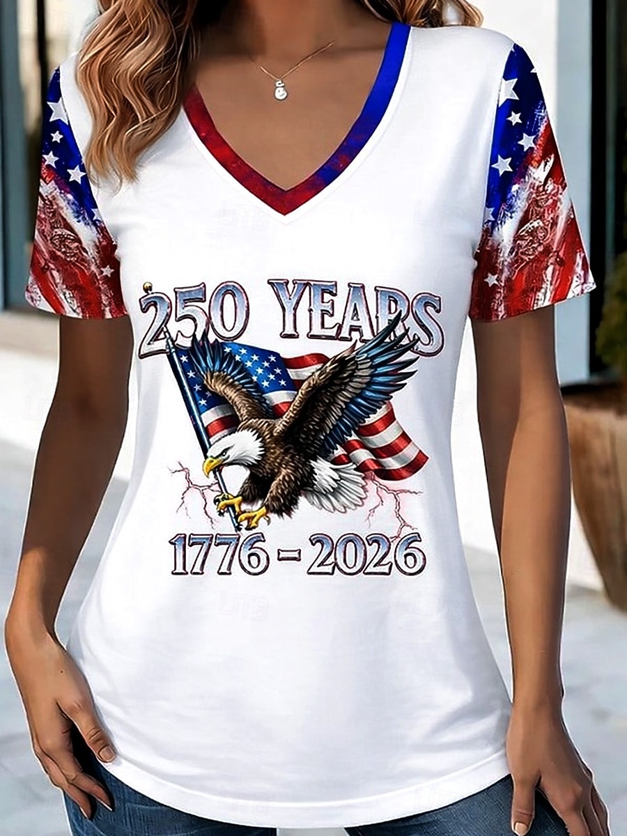 Independence Day American Anniversary Patriotic Women's T Shirt Print Graphic Flag Vintage Stylish Classic Short Sleeve V Neck Regular Tops Daily Red Summer Spring 2026 - $21.99 –P5