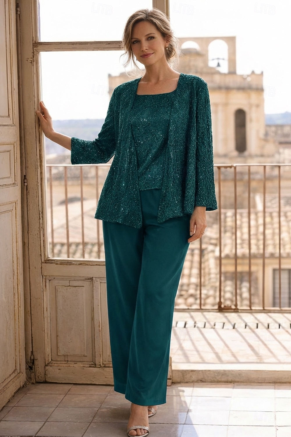 Terninho Traje de 3 peças Longo Vestido Para Mãe dos Noivos Sem Manga Scoop pescoço Elegante Convidado do casamento Chiffon Renda Embrulho incluido com Lantejoulas de 2026 por $183.99 –P18