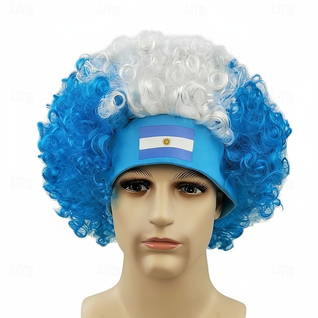 Afro paruka s vlajkou více zemí a čelenkou - barevná kudrnatá rekvizita pro fandění sportovním fanouškům 2026 - $17.49 –P4