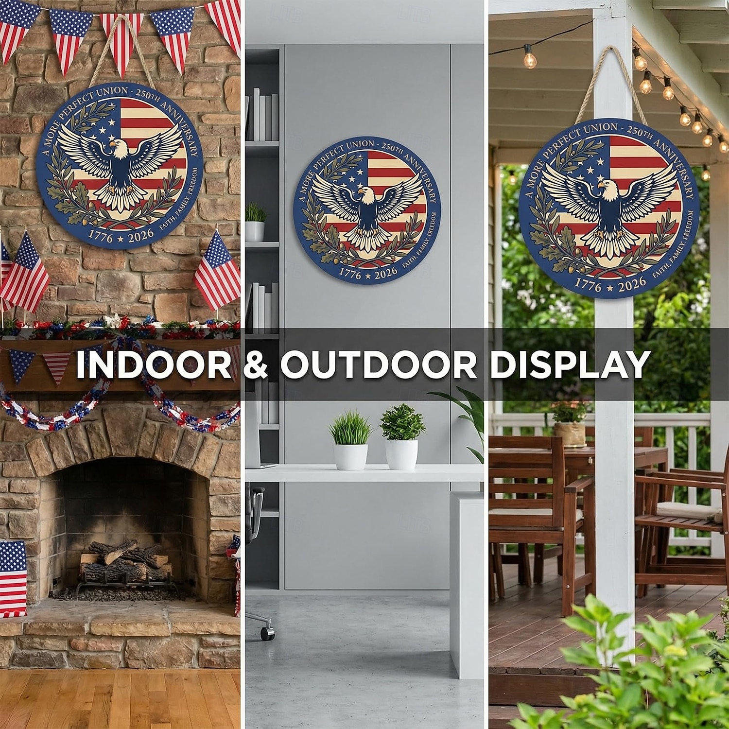 Az USA 250. évfordulójára készült fa ajtótábla – 30 cm-es kerek, fából készült tornácdísz kopasz sassal és zászlóval, hazafias július 4-i dekoráció, 1776–2026 közötti függetlenség napja 2026 - $12.99 –P7