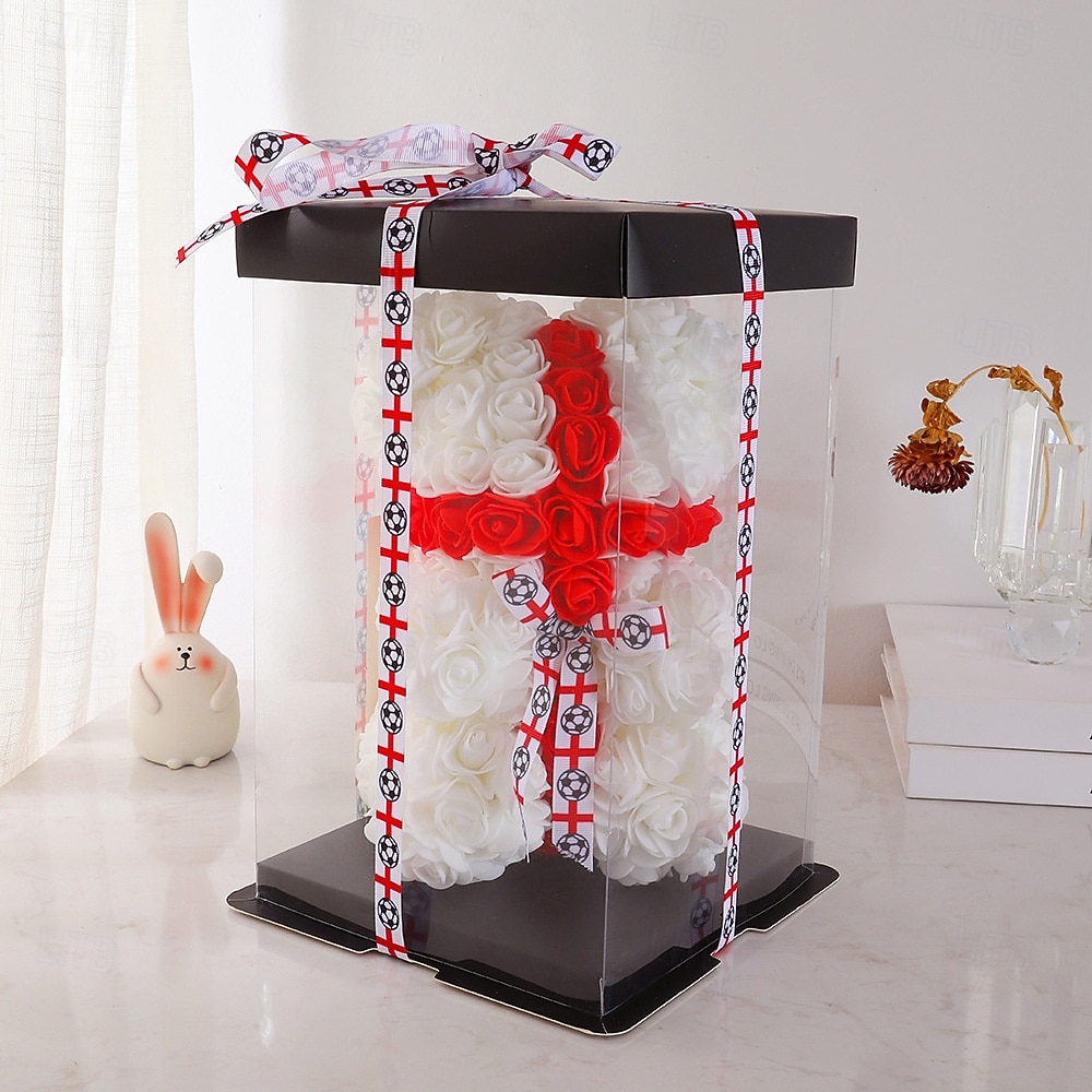 25 cm großer Rosen-Teddybär für die Fußball-Weltmeisterschaft, künstliches Rosenblüten-Geschenk für Fußballfans, Hochzeit, Muttertag, Jahrestag, inklusive transparenter Geschenkbox 2026 - $21.99 –P12