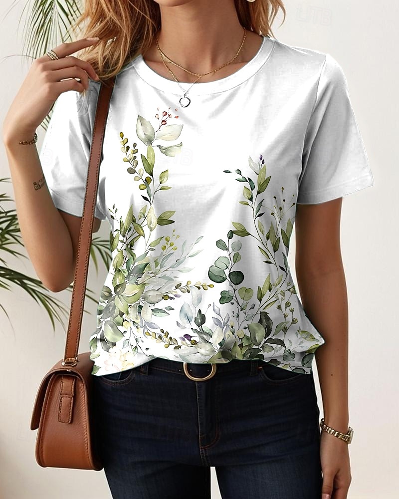 Dames T-shirt Afdrukken Bloemig Casual Korte mouw Ronde hals Normale tops Dagelijks blauw Zwart Wit Lichtgroen Paars Zomer 2026 - $7.99 –P7