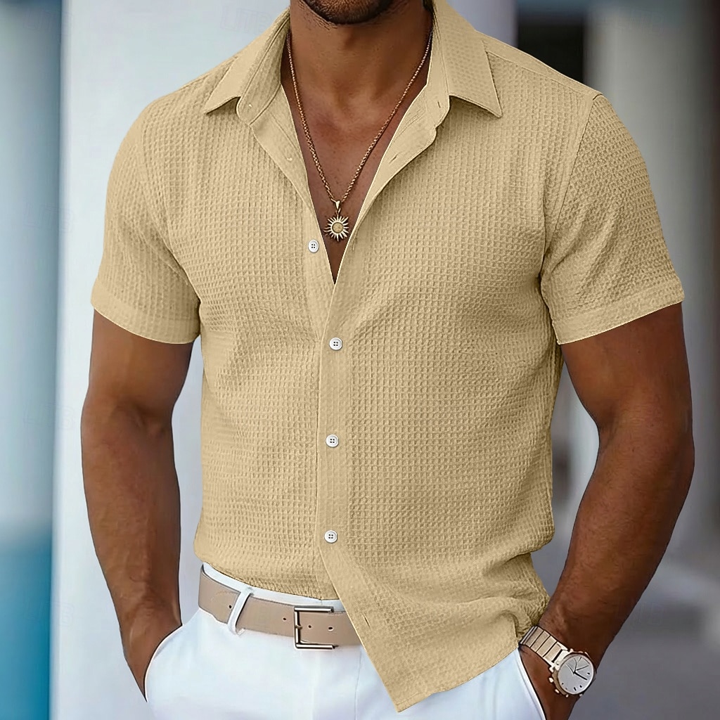 Hombre Camisa Camisa de gofres Textura Camisa casual Abotonar la camisa Azul Piscina Negro Blanco Rosa Color Caquí Manga Corta Plano Diseño Casual Diario Ropa Moda Moderno Casual Cómodo 2026 - $21.99 –P8