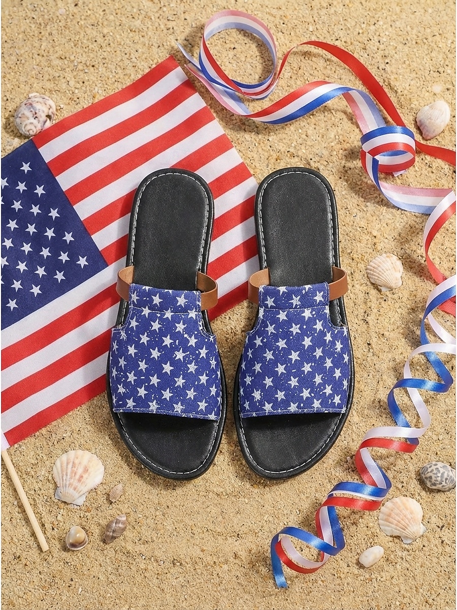 Women's USA 250th Anniversary Star Print Slides - Patriotic Blue Flat Sandals with Star Pattern for 2026 Independence Day, Beach Vacations & Patriotic Parades 2026 - $19.99 –P1