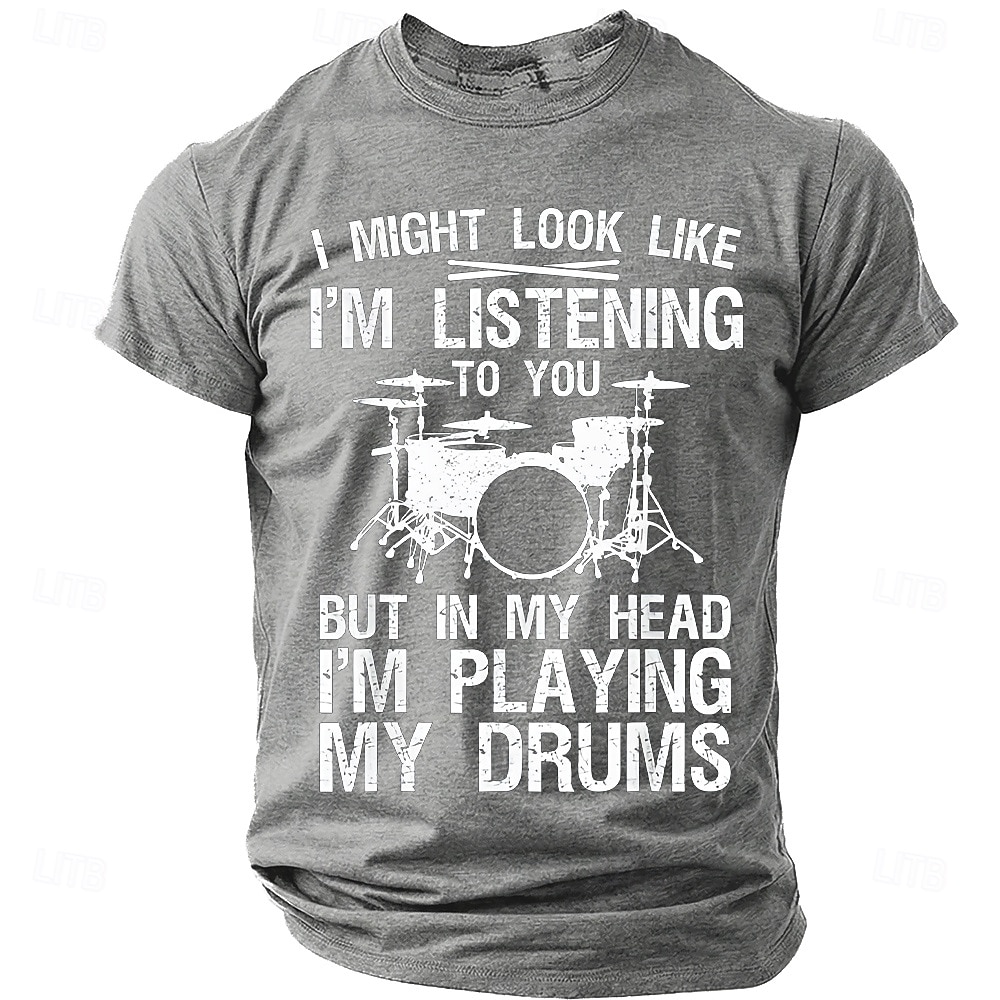 Men's "In My Head I'm Playing My Drums" Funny Drummer Graphic T-Shirt Percussionist Joke Quote Tee Musician Gift Band Practice Gear Distressed Style Casual Short Sleeve Apparel S-3XL 2026 - $21.99 –P6