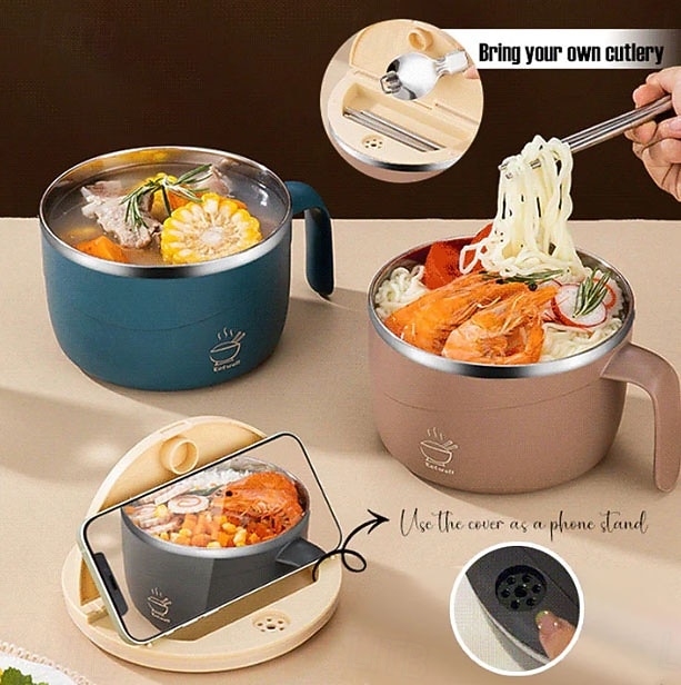 304 rustfritt stål nudelskål med lokk og håndtak, 1200 ml ramenskål med stor kapasitet, dobbeltvegget skåldingssikker suppeskål, bærbar matbeholder for studenthjem, kontor, hjemmebruk 2026 - $16.99 –P1