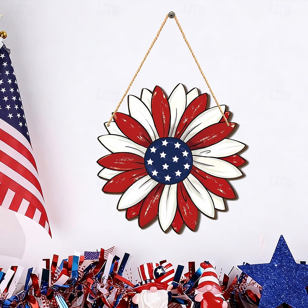 Letrero de madera para puerta conmemorativo del 250.º aniversario de la Independencia de Estados Unidos, estrellas blancas y rojas. &Decoración de la puerta principal con rayas blancas y lazo 2026 - $16.99 –P8