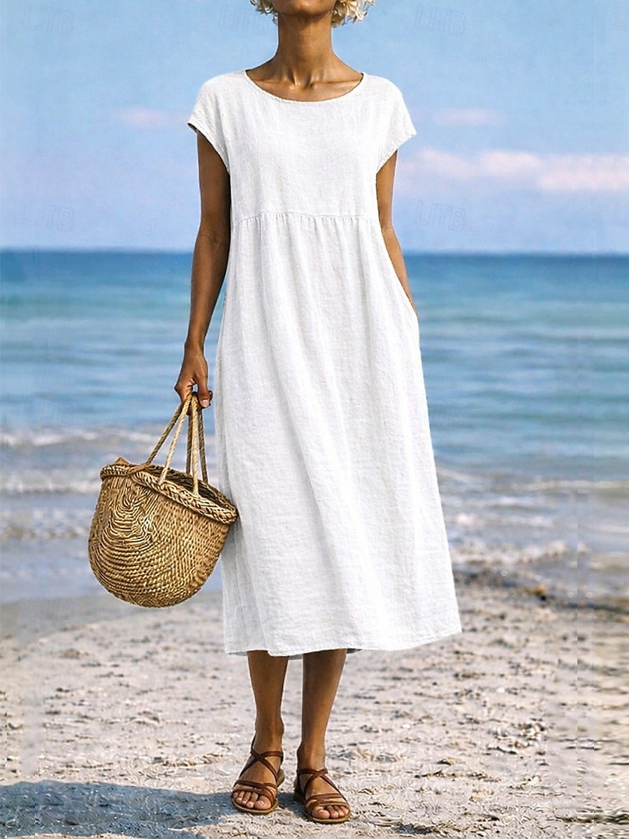 Damen Midikleid A Linie Kleid Sommerkleid Lässig Täglich Lässiger Schnitt Einfach Kurzarm Rundhalsausschnitt Blau Schwarz Weiß Rosa Sommer Frühling 2026 - $26.99 –P6