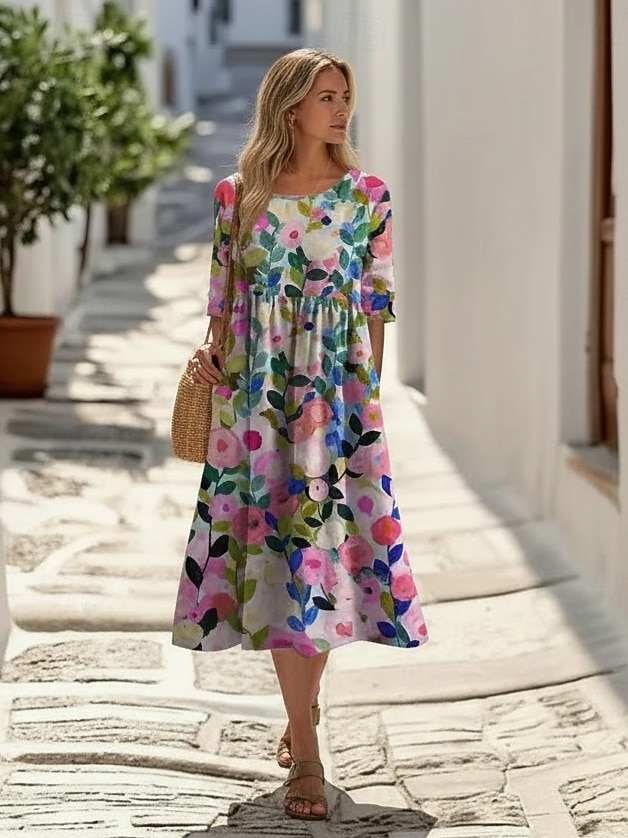 Mujer Vestido Midi Vestido informal Vestido de flores Clásico Moderno Diario Exterior Festivos Ajuste regular Flor Manga Corta Cuello Barco Azul Piscina Amarillo Fucsia Albaricoque Otoño 2026 - $39.99 –P4
