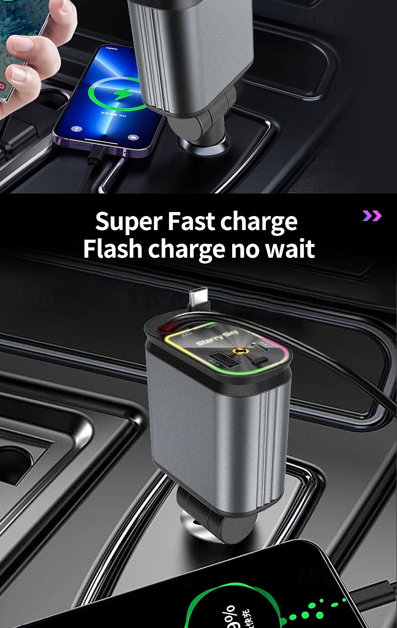 Cargador rápido para coche 5 en 1 de 180 W, adaptador de corriente USB tipo C, cargador de teléfono retráctil con luz de techo tipo estrella para teléfonos iOS y Android. 2026 - $24.99 –P6