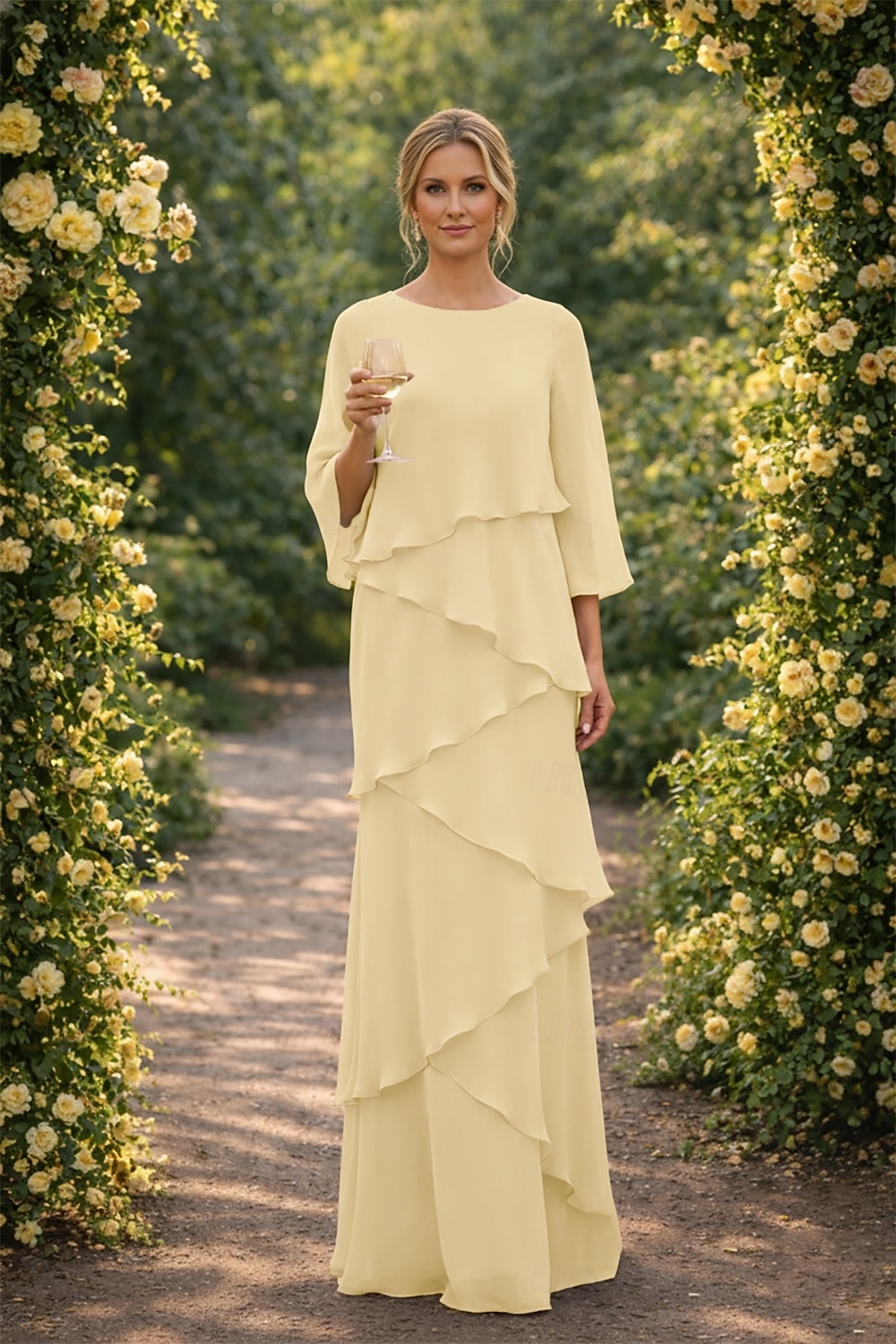 Schlauchkleid Bodenlang Kleid für Hochzeitsgäste Abendkleid Brautmutterkleid Dreiviertelarm Rundhalsausschnitt Elegant Formell Chiffon mit Rüschen 2026 - $89.99 –P7