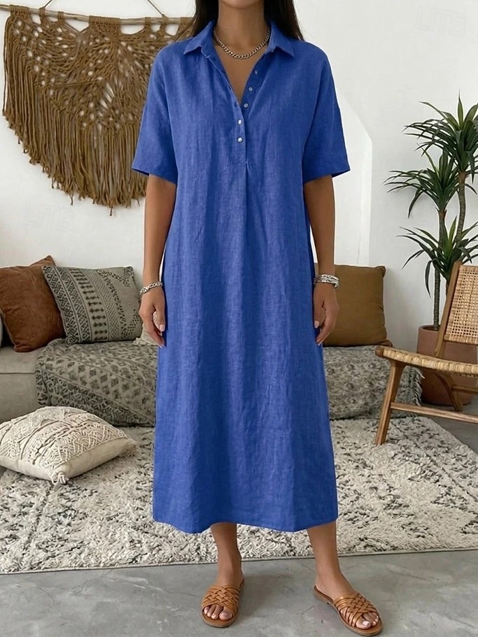 Dames Halflange jurk Zonnejurk Zomerjurk Vakantie Casual Boho Dagelijks Feestdagen Uitgaan Ruim Passend Effen Korte mouw Revers blauw Grijs roze Zwart Geel Zomer Lente 2026 - $32.99 –P5