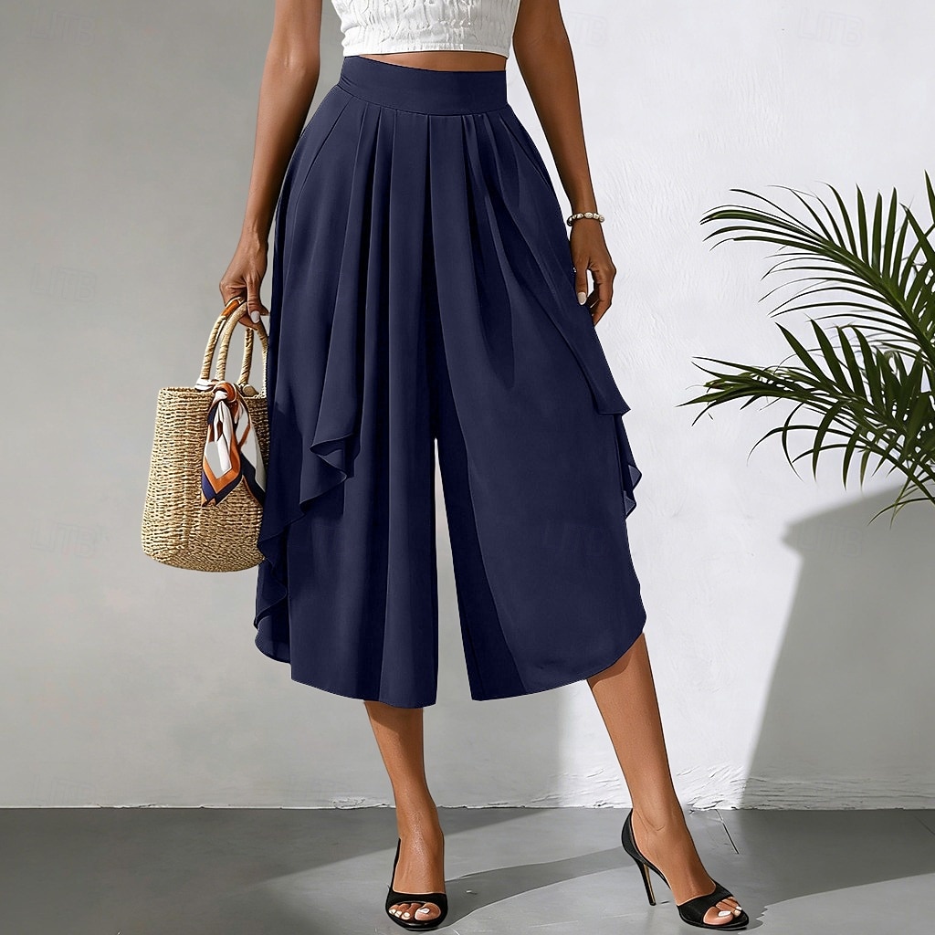 Women's Trousers Capri Pants Casual Pants Summer Pants Elegant Fashion Casual Daily Calf-Length High Waist Solid Color Plain Layered Wide Leg Elastic Waistband Comfort Lightweight Soft Inelastic 2026 - $34.99 –P6