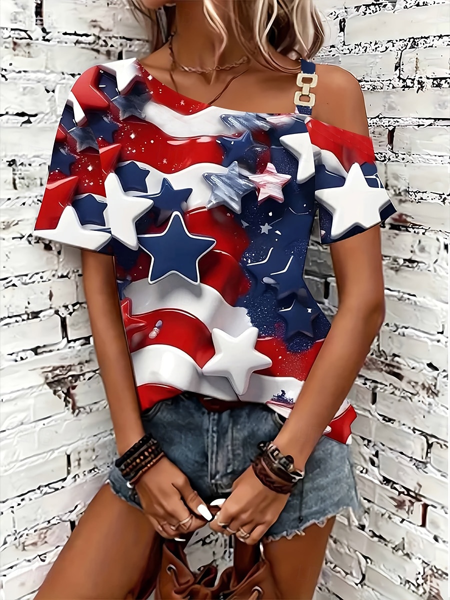 día de la independencia americana Mujer Camiseta Estampado Asimétrico Graphic Bandera estadounidense Vintage Moda Casual Manga Corta Un Hombro Tops regulares Diario Fin de semana Azul Piscina Rojo 2026 - $21.99 –P2
