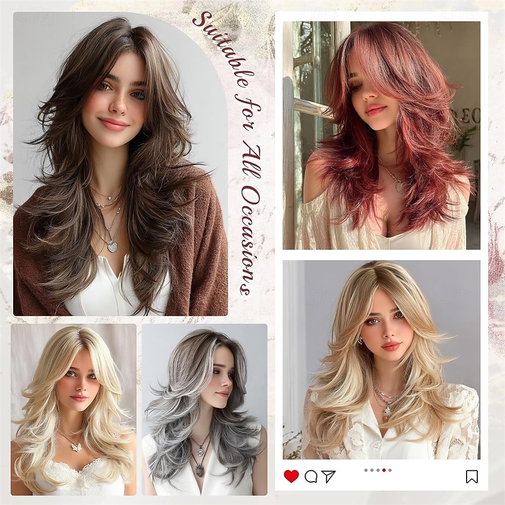 2026年 女性用、ダーティブロンドのウェーブのかかったレイヤードウィッグ、カーテンバング付き、長さ22インチの合成繊維製、自然な見た目のセンターパートウィッグ、コスチュームパーティーや普段使いに最適  コレクション – $30.99 –P5