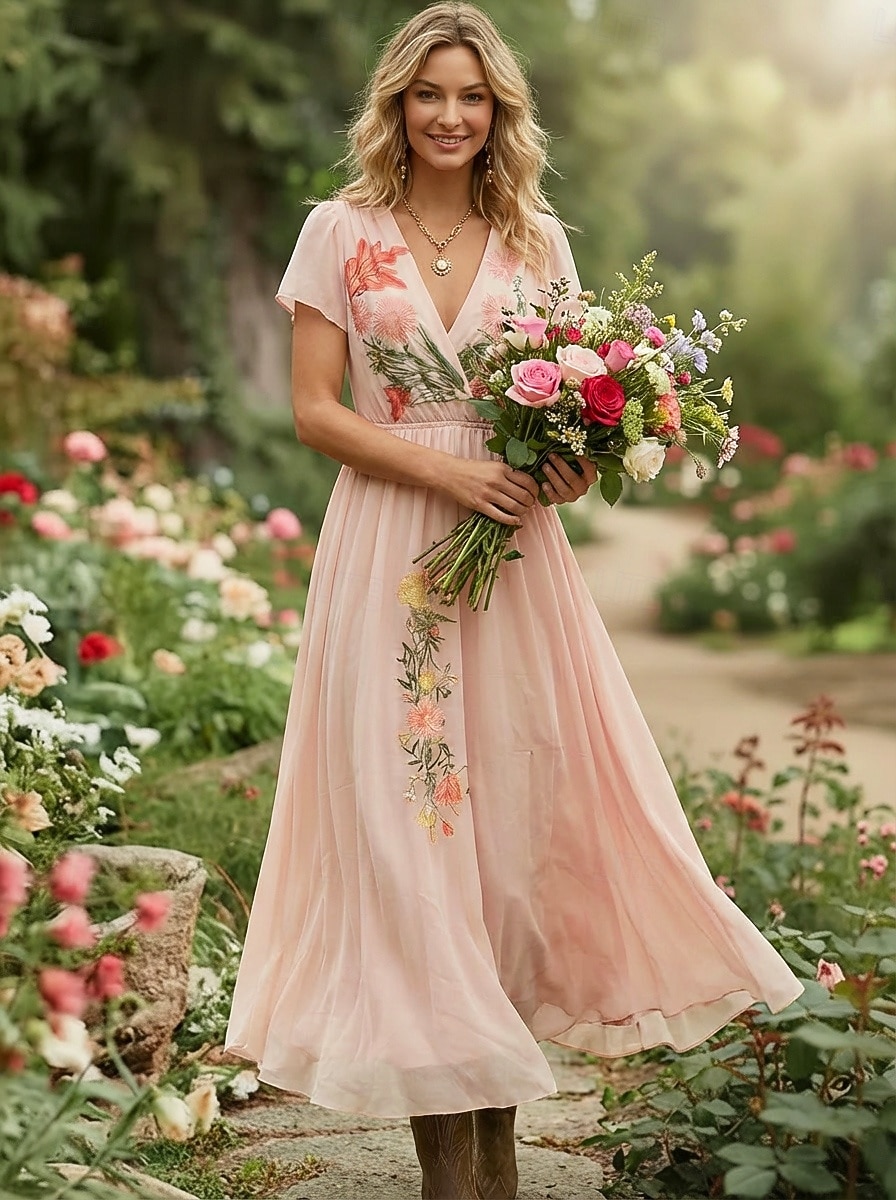 Damskie Sukienka maxi Sukienka dla gościa weselnego Sukienki szyfonowe Sukienka w kwiatki Elegancja Moda Nowoczesny Na zewnątrz Urlop Wyjściowe Regularny Kwiaty Krótki rękaw W serek Rumiany róż Lato 2026 - $41.99 –P1