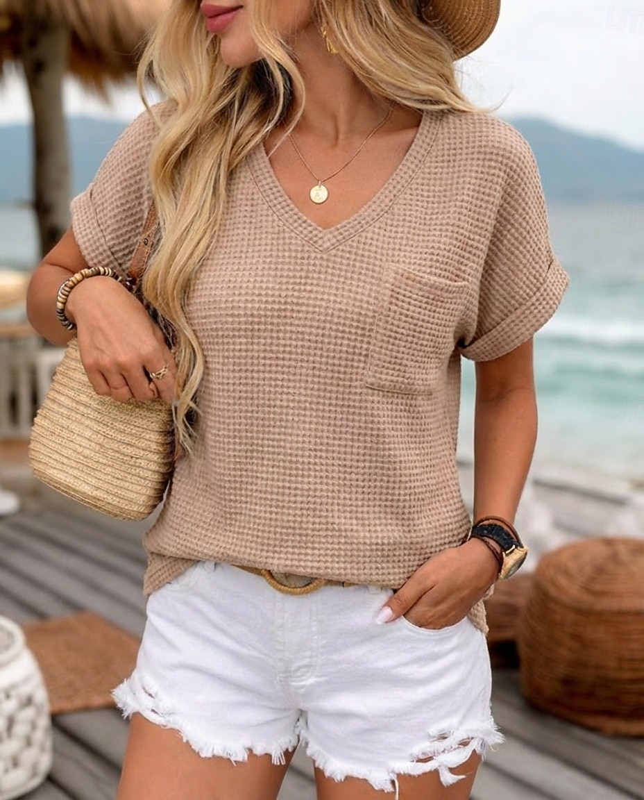 Dámské Halenka Grafika Bez vzoru stylové Na běžné nošení Krátký rukáv Do V Běžné topy Denní Černá Bílá Světlá růžová Trávová zelená Léto Jaro 2026 - $22.99 –P1