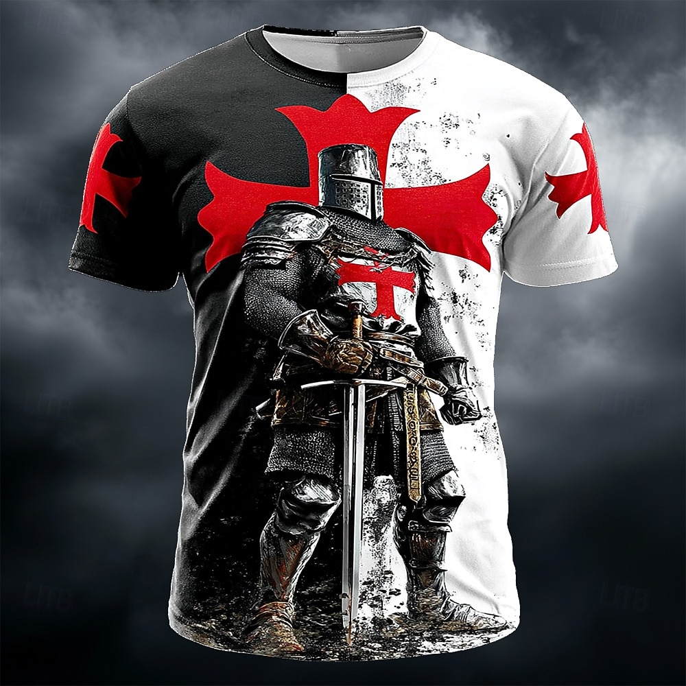 تي شيرت رجال الحروب الصليبية فرسان الهيكل محارب عتيق طباعة كاملة كل مكان صليب أحمر مقسم أسود أبيض جرافيك قصير الأكمام طويق قميص تصميم عتيق ملابس مصممة 2026 - $21.99 –P1