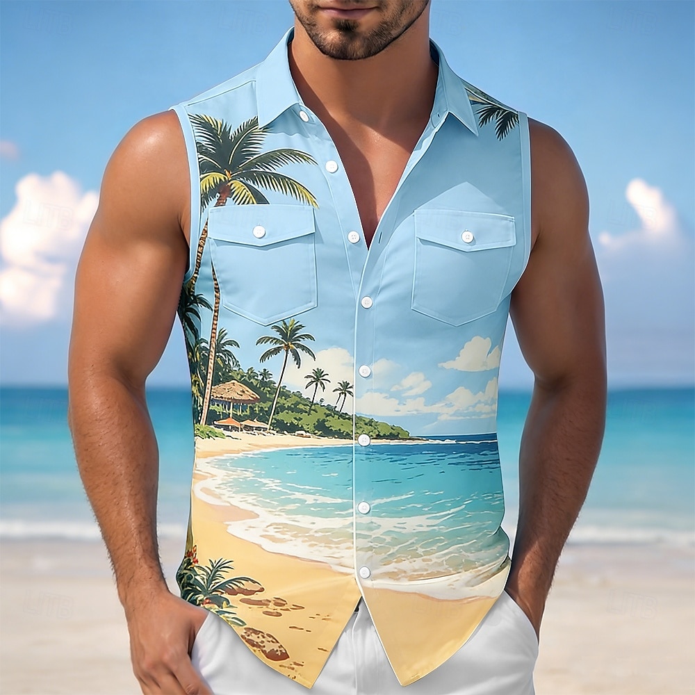 Bărbați Ocean Peisaj Mare Cămașă Cămașă hawaiană Cămașă Aloha Fără manșon Stațiune Vacanta la plaja Vară Primăvară Răsfrânt Imprimare 3D Două buzunare în față Cămăși cu nasturi Albastru piscin 2026 - $25.99 –P2