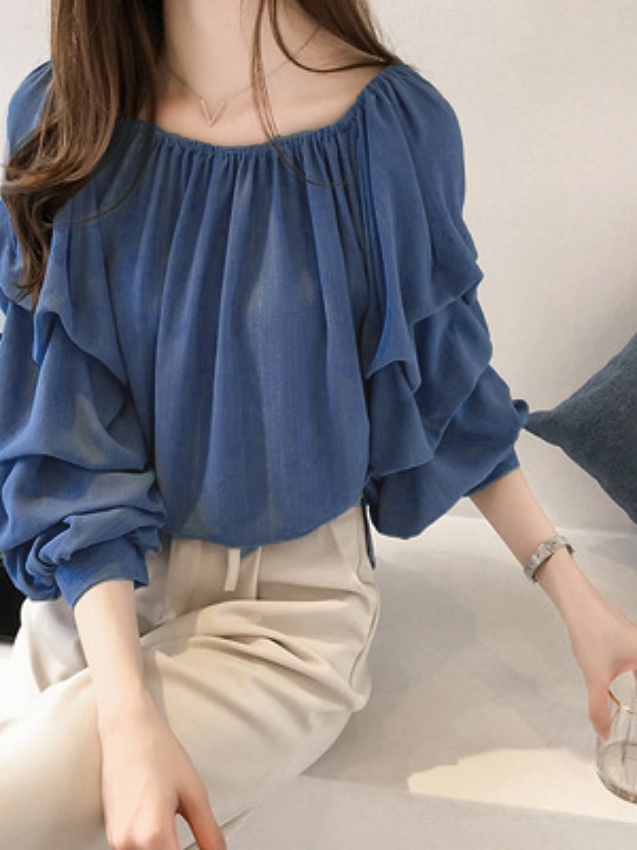 Γυναικεία Πουκάμισο Μπλούζα Μπλούζες σιφόν Σουρωτά Σκέτο Ενεργό Στυλάτο Μακρυμάνικο Ώμοι Έξω Κανονικά μπλουζάκια Καθημερινά Αργίες Εξόδου Θαλασσί Ανθισμένο Ροζ Σομόν Καλοκαίρι Άνοιξη 2026 - $13.99 –P8