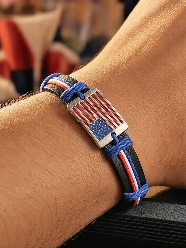 צמיד עור מתכוונן לגברים עם עיצוב דגל אמריקאי, חומר עור אמיתי, סגנון פטריוטי, מושלם לציון 250 שנה לארה"ב, יום העצמאות וללבוש יומיומי חיצוני 2026 - $7.99 –P2