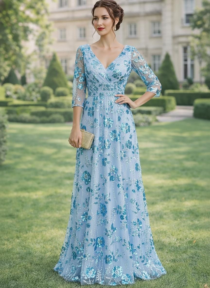 A-linje Kjoler Gulvlengde Gjestekjole til bryllup Formell kjole Aftenkjole Kjole til brudens mor Kortermet V-hals Elegant Enkel Utsmykket Formell Bryllupsgjest Bryllupsfest Chiffon Blonder med 2026 - $182.99 –P1