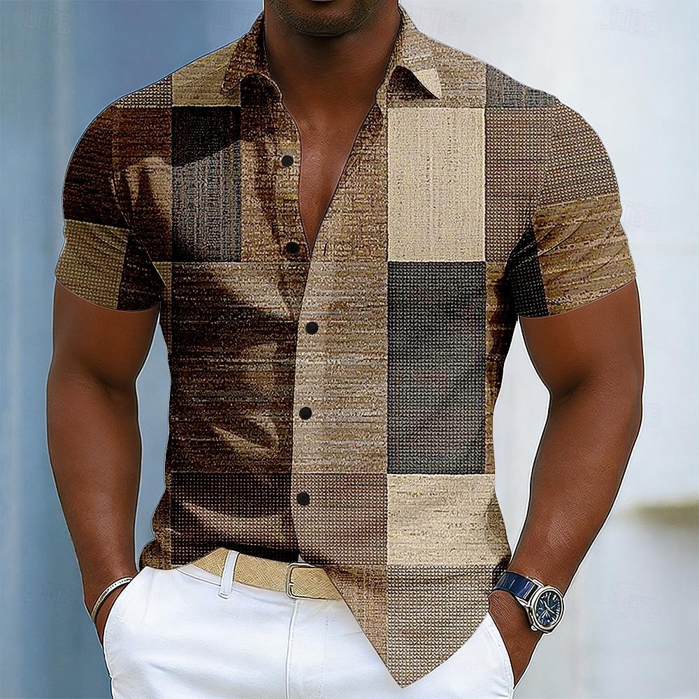 Per uomo Geometrico Blocco di colori Patchwork Camicia Camicia con Bottoni Manica Corta Moda Casual Quotidiano All'aperto Vacanza Estate Primavera Collo ripiegato Stampa 3D Camicia tipo lino Blu del 2026 a $25.99 –P1