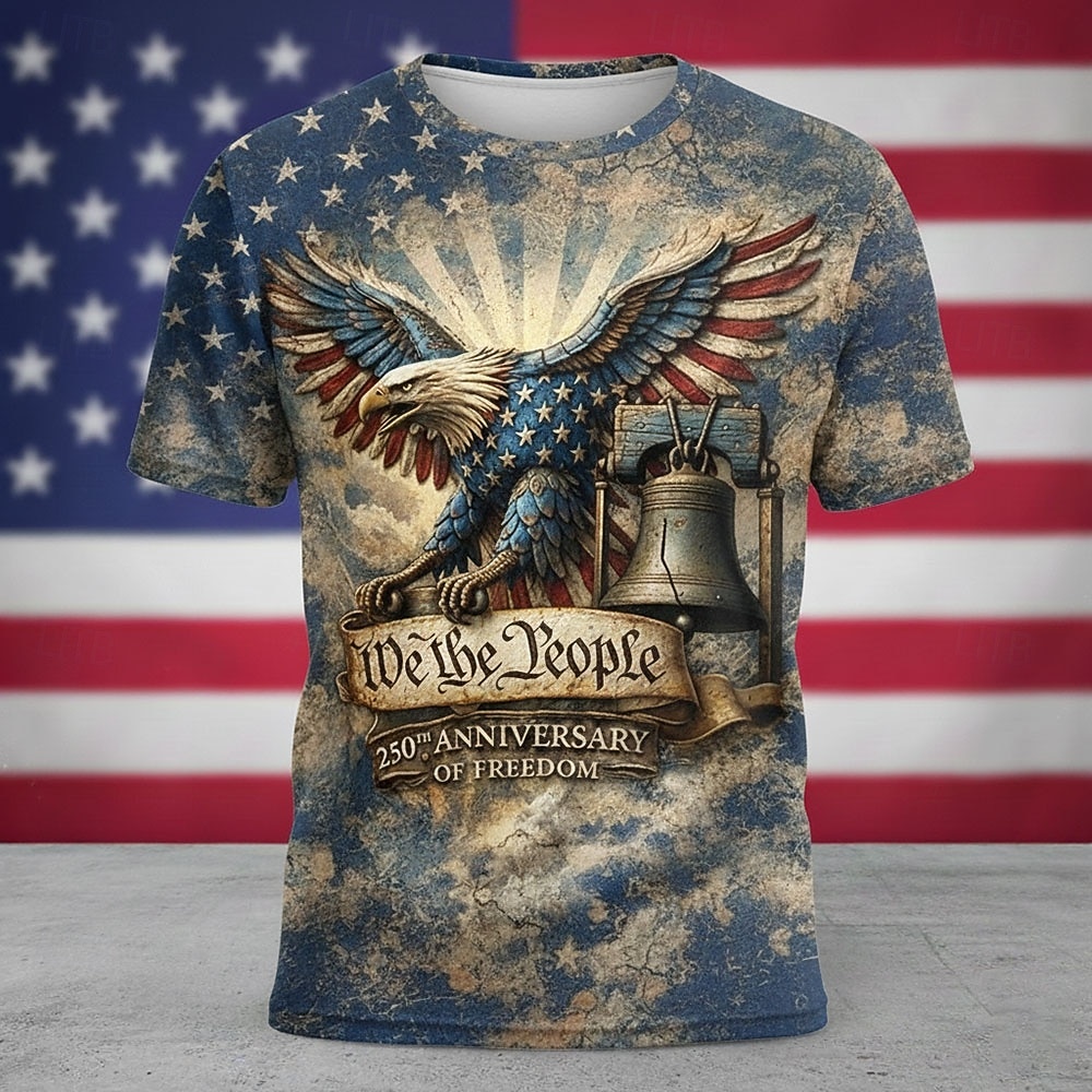 4 luglio 2026 250° Giorno della Memoria T-Shirt da Uomo a Maniche Corte con Collo Rotondo Stampa 3D Bandiera Americana Casual Street del 2026 a $21.99 –P1