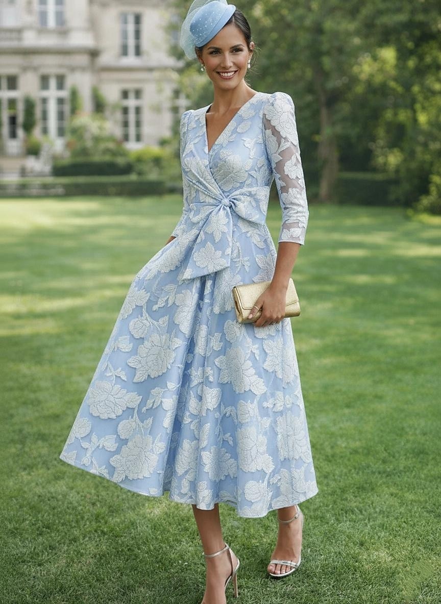 A-linje Ankellengde Te-lengde Cocktailkjoler Elegant Årgang Blomster Langermet V-hals Hage fest Formell Lomme Sateng Blonder med Blomstertrykk Sløyfe(r) Plissert 2026 - $154.79 –P1