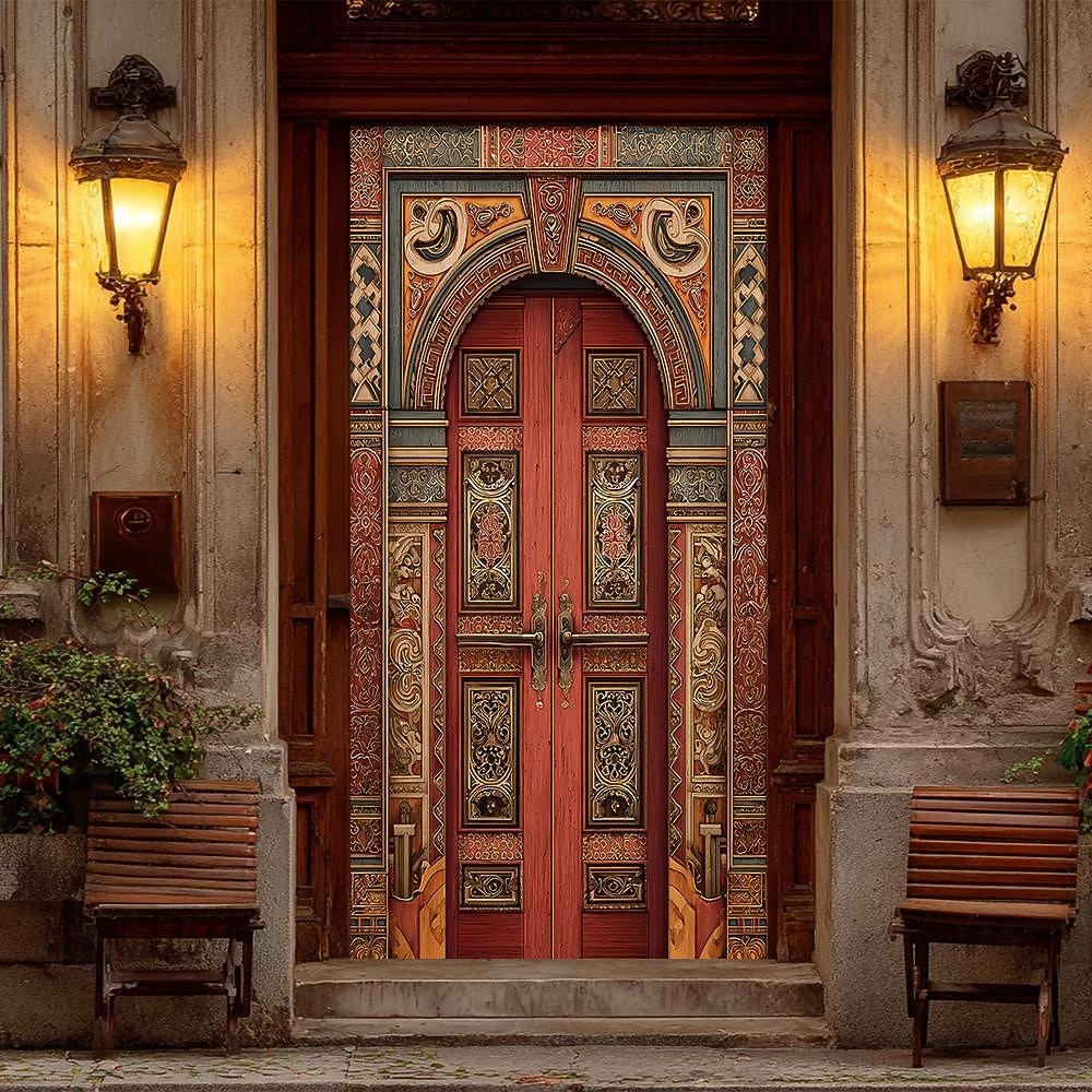 ősi arab piros fa ajtó díszes mór boltív bonyolult virágfaragás 3D realisztikus szövet ajtó banner borító otthoni belső szoba dekoráció bejárat party háttér 2026 - $17.99 –P3