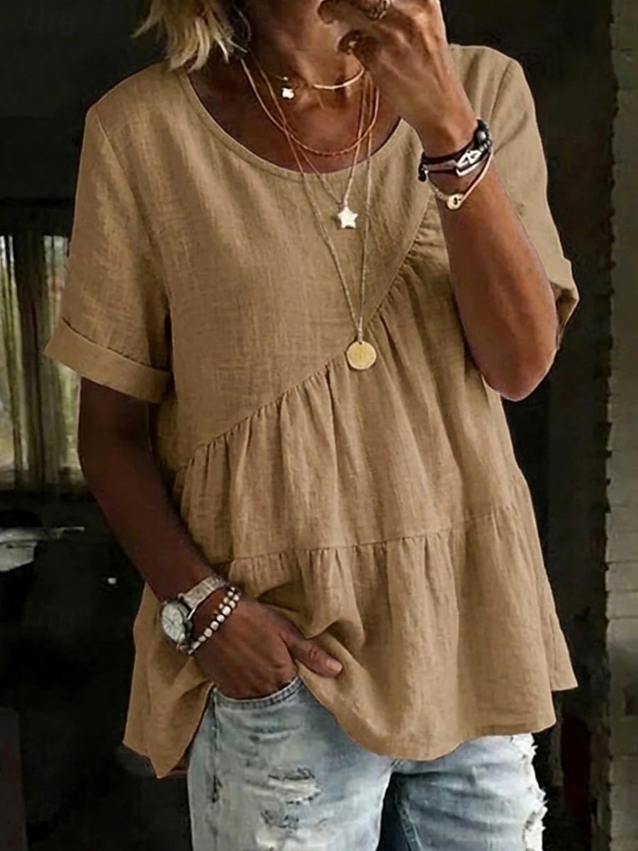 2026年 女性用 Tシャツ フェイクリネンシャツ ティートップ フリル 平織り ファッション スタイリッシュ クラシック 半袖 クルーネック レギュラートップス 日常 お出かけ 週末 ブルー ブラック ホワイト イエロー ピンク 夏 春  コレクション – $24.99 –P5